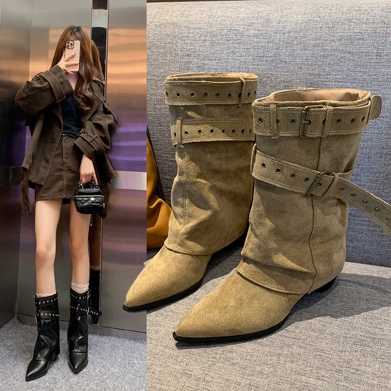 Street Fashion Lady - 2025, spitze Zehen-Damen-Winterstiefel, Designer-Mid-Heels, elegante Schuhe,